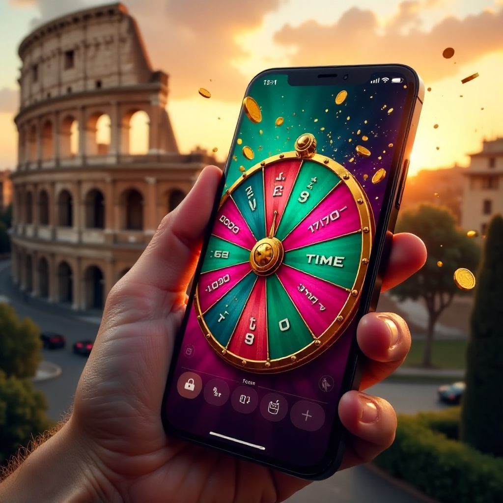A hand holding a high-end smartphone displaying the official Crazy Time live wheel with vibrant pink and teal interface, background is the Roman Colosseum at sunset with Italian tricolor green-white-red confetti and golden coins exploding from the screen,